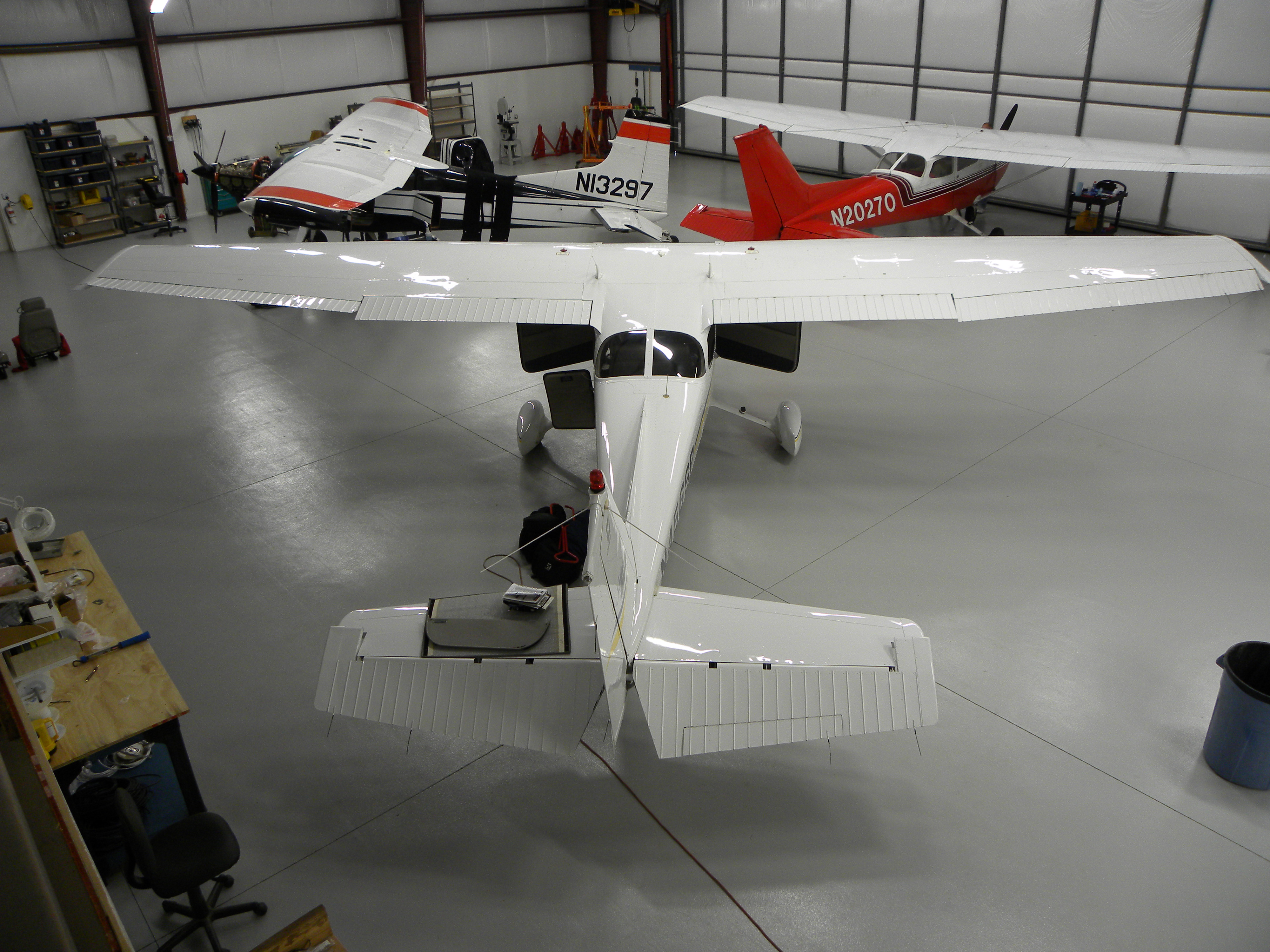 Overhead view of aircraft in the NW Air Repair hangar